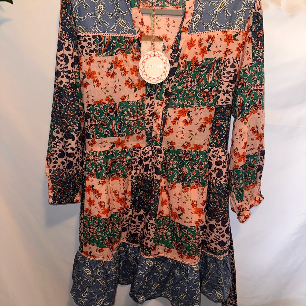 Umgee Mixed Floral Patchwork Tie-Waist Dress in Pink, Green & Blue - Picture 4 of 7